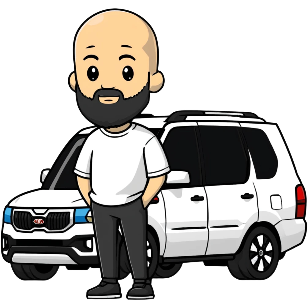 bald man with beard standing next to a white Kia Mohave SUV emoji