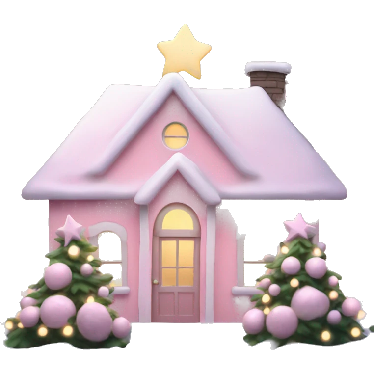 Pastel pink Christmas house with Christmas lights and evergreen trees emoji