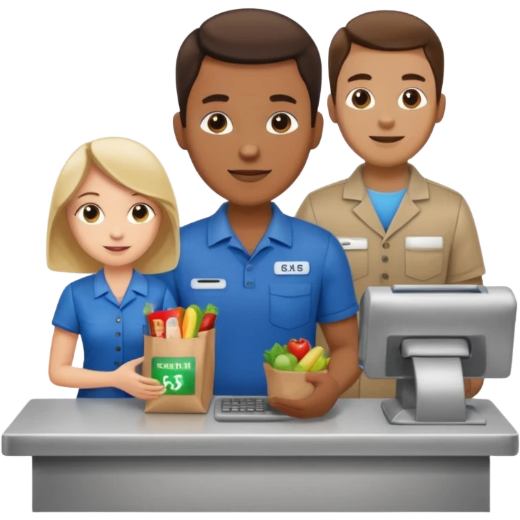 Supermarket employee at a cash register, full body, serving a man emoji