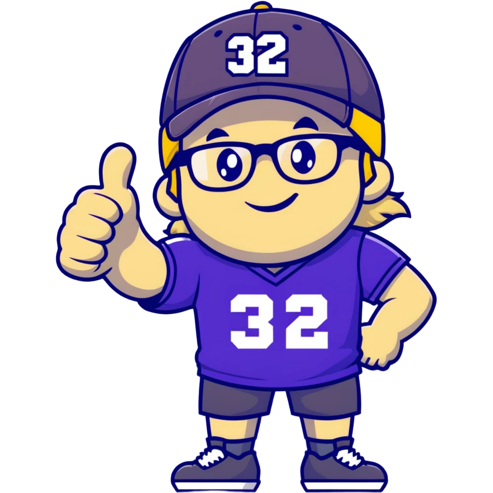 Man with black and white cap, purple sports jersey with number 32, clear glasses, disheveled light blond mullet hairstyle, thumbs up gesture, relaxed expression emoji