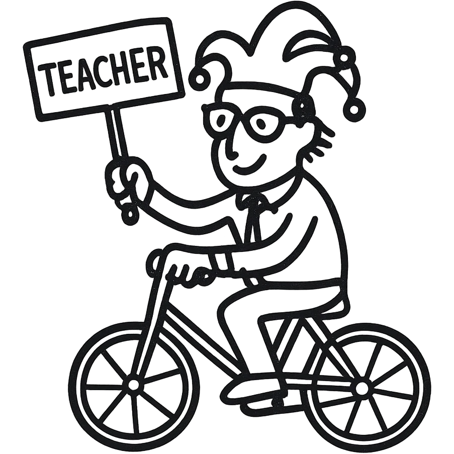 A teacher riding a bike with a joker-like aura emoji