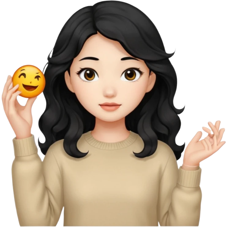 Beautiful girl,Black hair, wavy long hair,Black eyes,Chinese, beige sweater  emoji