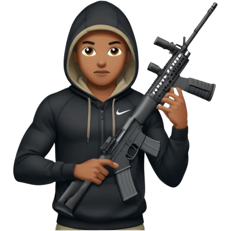 
Fais moi un jeune afro américain qui ressemble a un gangster qui tient une AR15 avec un hoodie a capuche, capuché, avec la cagoule nike therma fit hood emoji