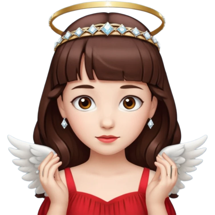 فرشته با لباس قرمز موی خرمایی تیره و سربند الماس موی چتری جلوی سر و پشت سر موی بلند emoji
