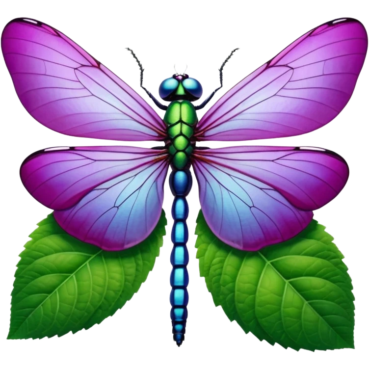 3D Realistic Still life vivid, bold, vibrant plum color highly detailed Hydrangea macrophylla,  beautiful green leaves, highly detailed large size wings,  iridescent colors dragonfly resting  emoji