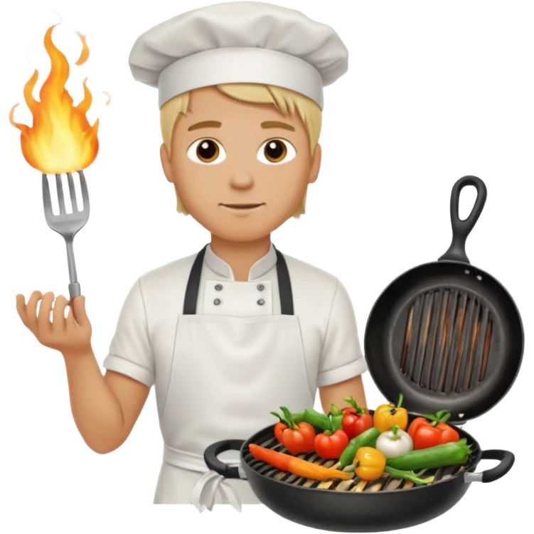 man with tied blond hair and and a white apron grilling vegetables on a sizzling grill emoji