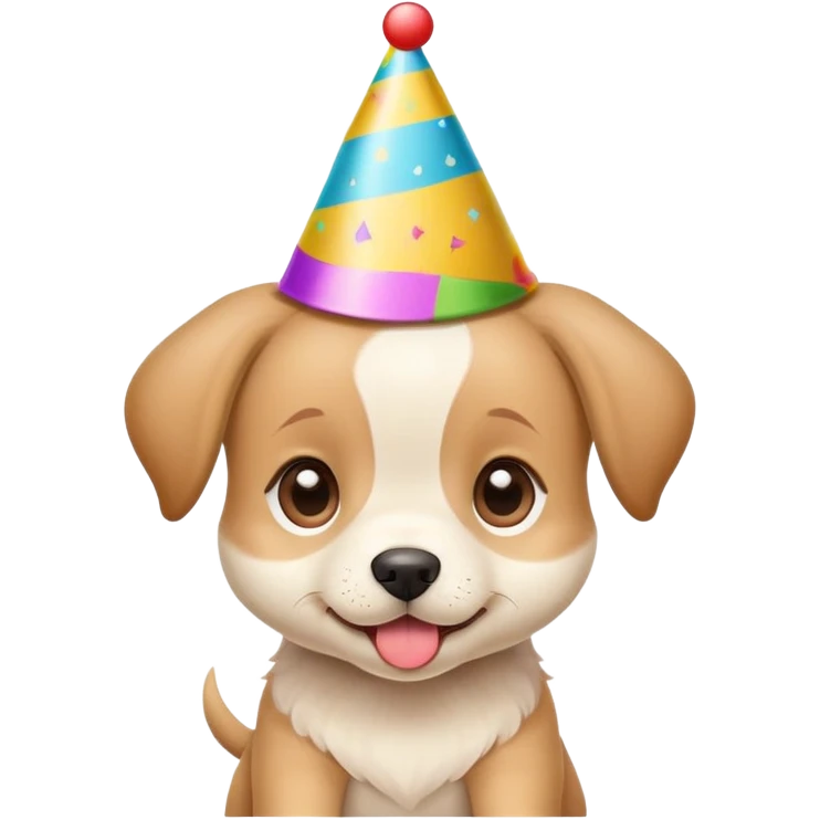 Cute puppy with a silly expression wearing a tiny party hat emoji