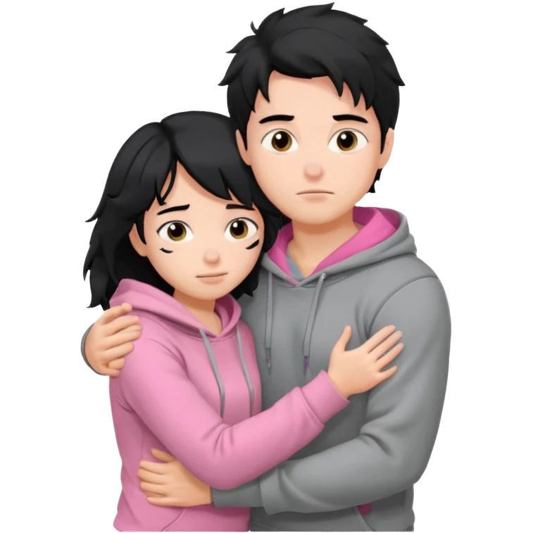 generate a pretty bratz fair skinned boy with messy black hair in a grey hoodie. Hugging his girlfriend who is wearing pink. Make him muscled. Boy in grey hoodie, girl in pink emoji