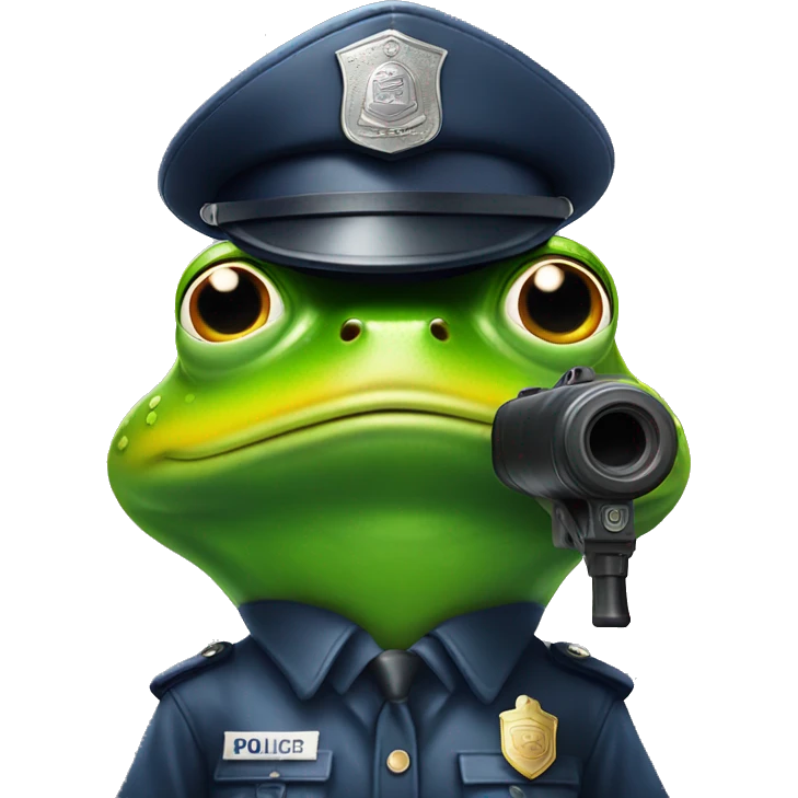 frog with policehat and serious expression looking towards camera three quarters holding watergun facing camera emoji