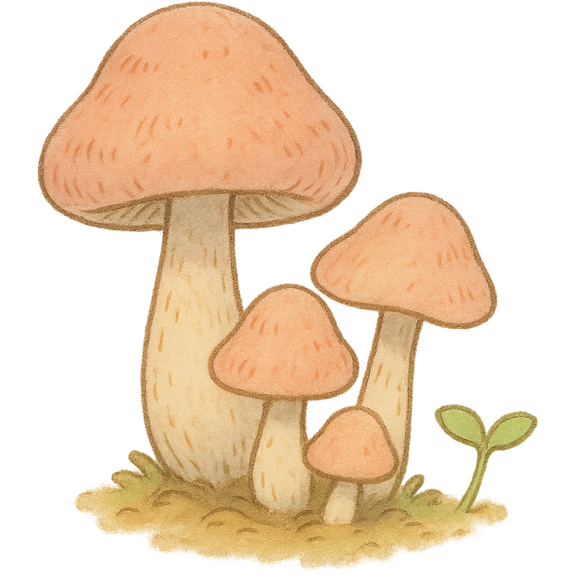 cute small mushroom cluster, soft pastel Japanese hand-drawn, full object, transparent background, with a little sprout growing nearby emoji