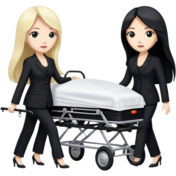 Two woman with long hair. One has black hair and one is blond. They have black pants suits on. And they are pushing a funeral stretcher in to a black Mercedes Vito funeral car. On the stretcher is a body covered in white sheets emoji