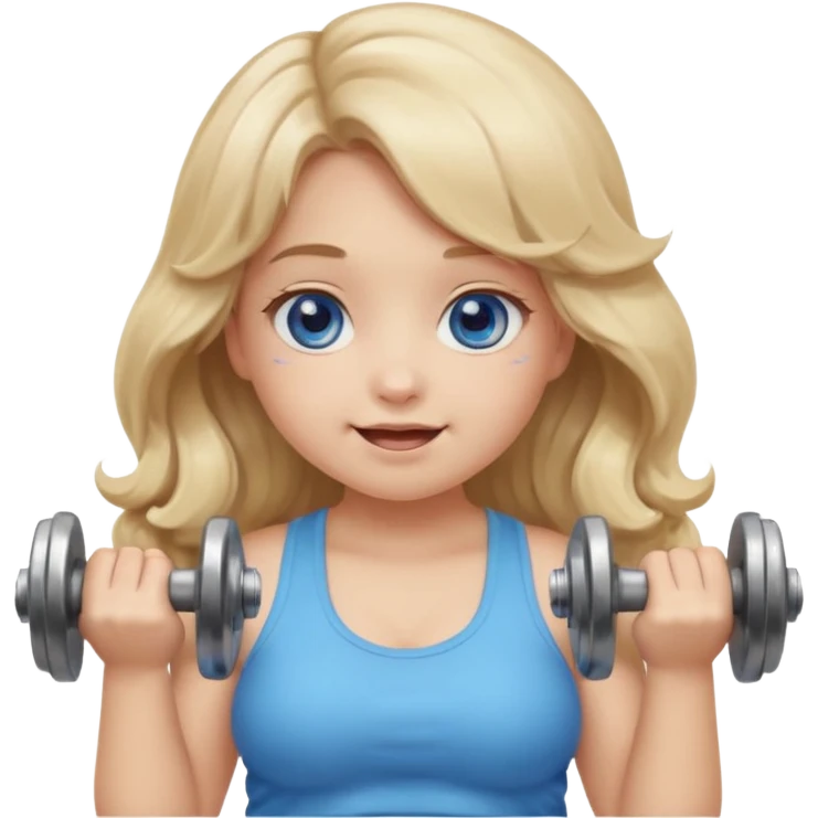 Kawaii emoji girl with big  blue glossy eyes, long wavy dirty blonde hair, happy expression, holding a dumbell, chubby cheeks, soft pastel colors, cozy and sweet aesthetic, clean background. emoji