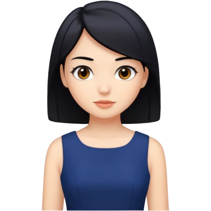 A girl with black hair, dark brown eyes, a beautiful face, short, straight hair to the shoulders, and a navy blue dress. emoji