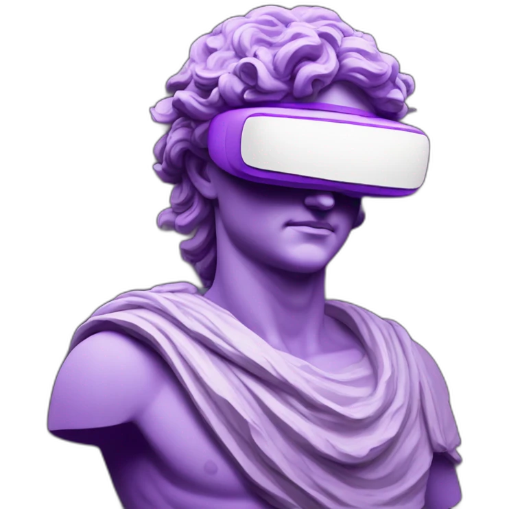 an EMOJI OF A ancient young greek statue, wearing VR headset, purple colors, DIGITAL UNIVERSE emoji