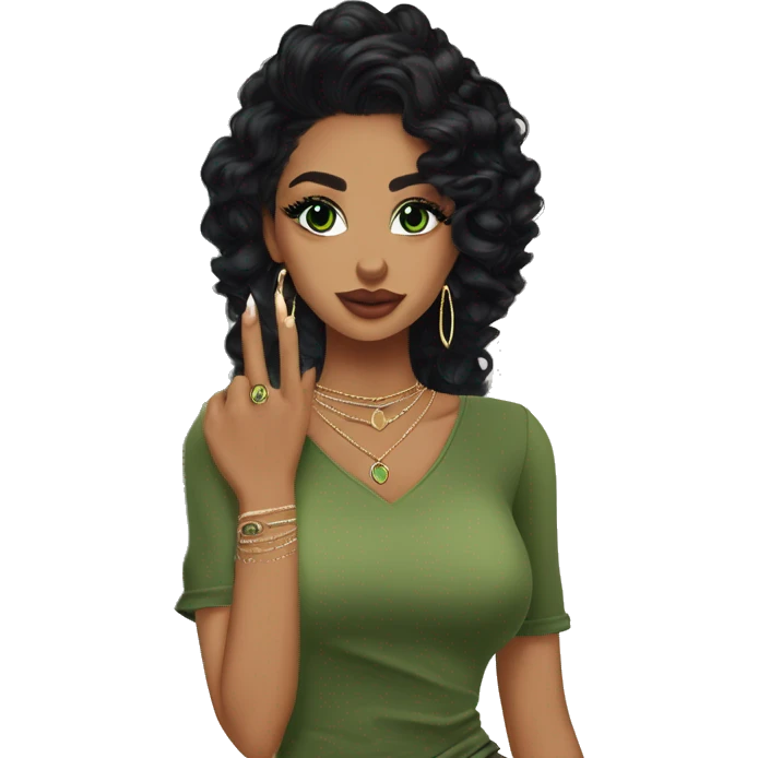 Glamorous, streetwear, black hair, long wavy hair, olive skin, green almond eyes, winged eyeliner with big lashes, wearing hooped earrings, rings and bracelets, almond fake nails emoji
