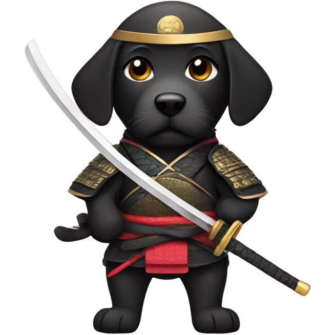Black lab dressed as samurai with sword emoji