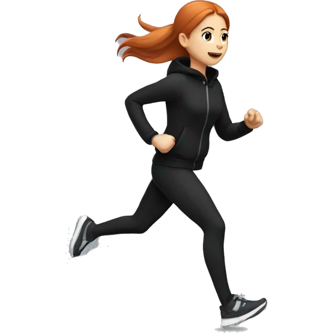 Redhead girl with straight hair, running in all black outfit in winter with white headphones (2D) emoji