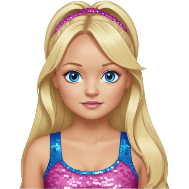 Emma Bunton with long blonde ponytail hair, blue eye, pink sequin crop top emoji