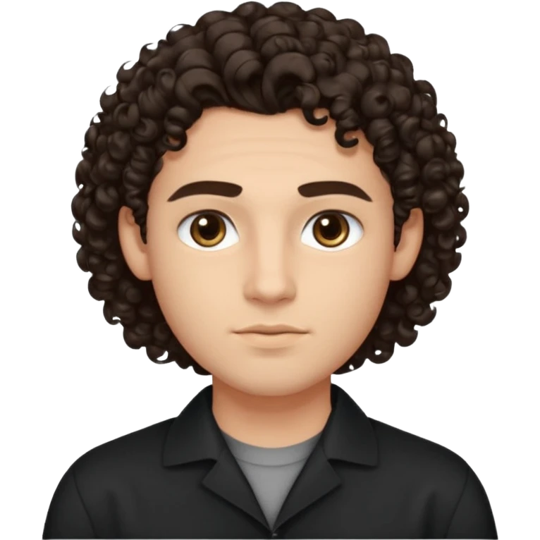 He’s a young man with light to medium skin, a defined oval face, full brows, deep-set eyes, and voluminous curly dark brown hair styled with height. expression calm and focused relaxed black open-collar shirt.polished, articulate, and professional vibe. emoji