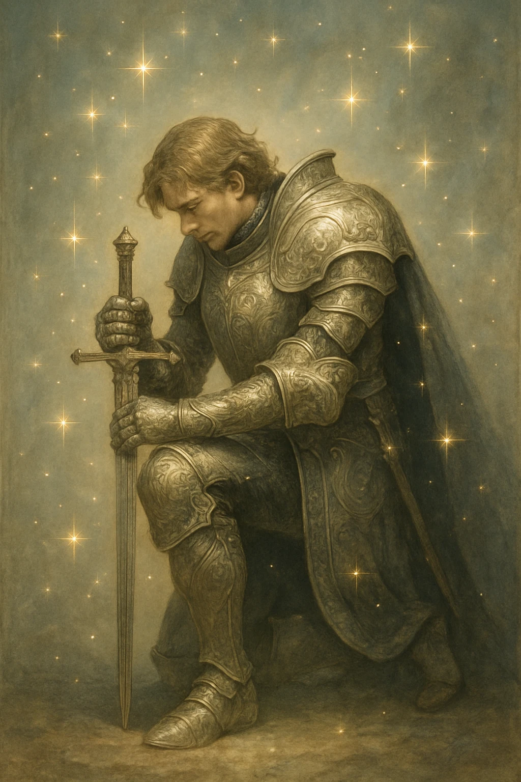 a knight kneeling with sparkles around him, detailed, elegant, fantasy illustration emoji