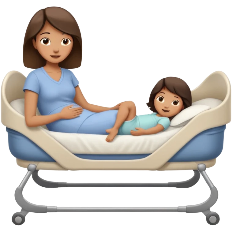 a mom laying down in a “C” position laying close to the she of the bed by her daughters bassinet while still trying to reach far back with her foot to touch her husband  emoji