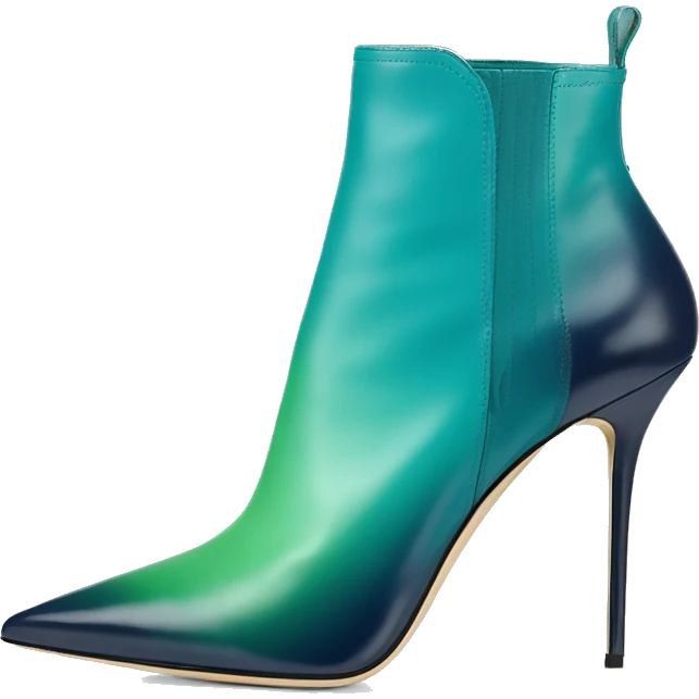 Realistic isolated top view of a pair of light teal,green,navy blue ombre Jimmy Choo stiletto pointed toe boots. emoji