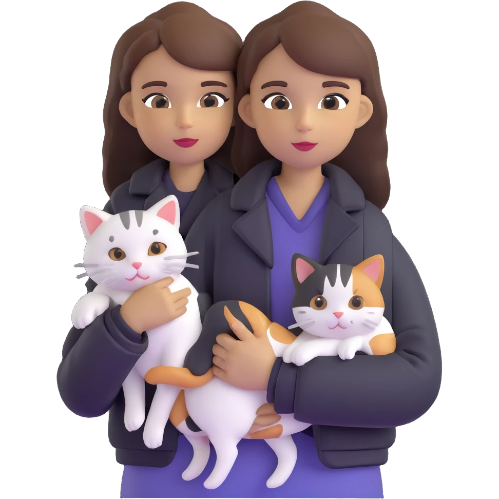 Light-skinned girl with brown straight hair wearing a black jacket, holding one completely white cat and one calico cat emoji