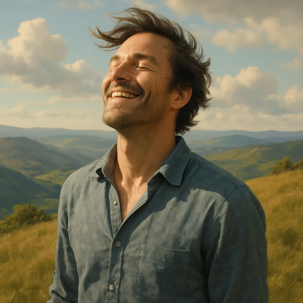 A smiling man with wind-blown hair, eyes closed, face turned to the sky, standing on a hilltop, capturing the feeling of a free spirit, gentle realistic style emoji