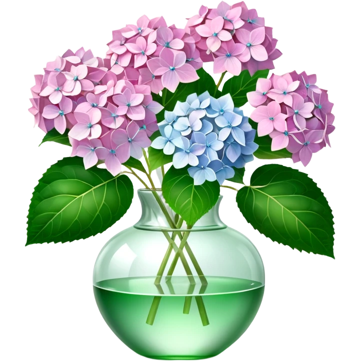 Hyperrealistic, 3D rendering, still life, smooth, clean thin lines, 8k,  pale pink, and white lush Hydrangeas with vivid leaves in 3D sparkling realistic crystal translucent glass vase. 1x1 in size emoji