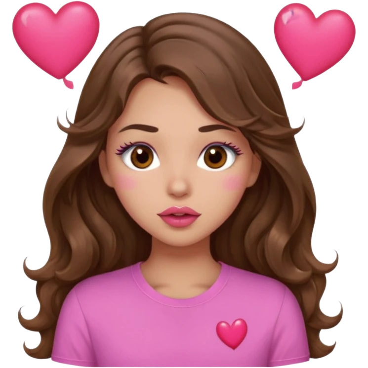 girl with long wavy brown hair, brown eyes, light to medium complexion, in a pink shirt, pink lips, long lashes, puckering lips kissing, blushing with hearts emoji