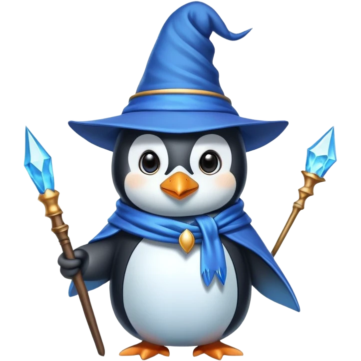 penguin wizard with wand and pointy hat emoji