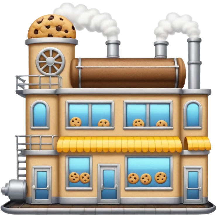 Exterior of a cartoon-style cookie factory, large front window showing conveyor belt with cookies, steam vents on the roof, metal pipes wrapping around the building, emoji-style emoji