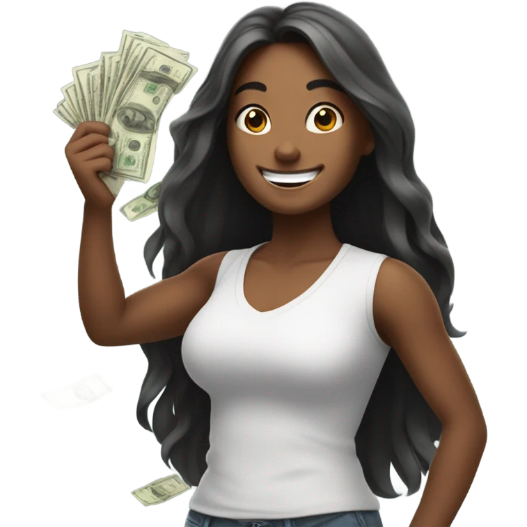 smiling girl with long hair and flexing cash emoji