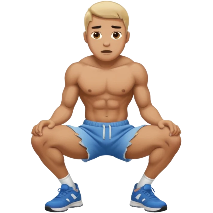 A squatting man legs spread apart, a penis going through his broken shorts emoji