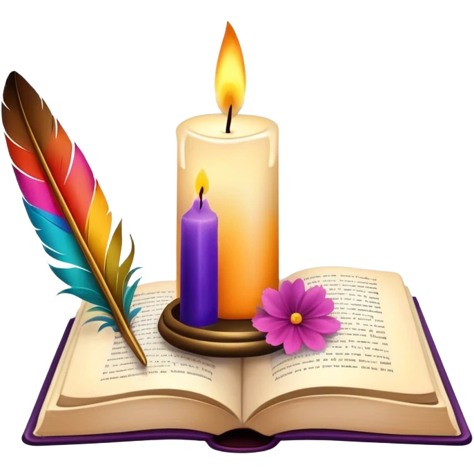 Aesthetic candle, feather quill in ink glass, open book, flower petals emoji