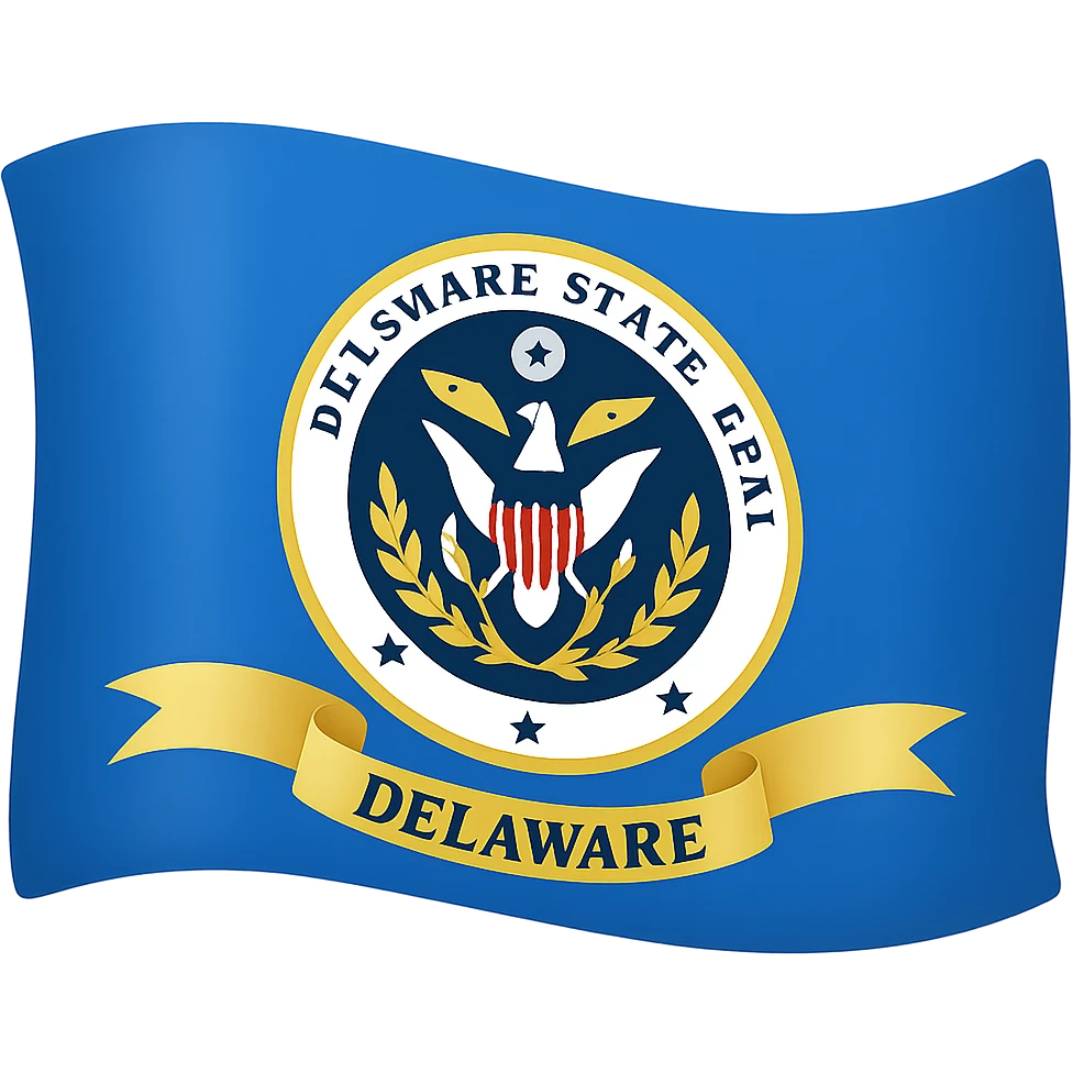 Add a waving flag effect to the Delaware state flag, keeping accurate colors and emblem, in the style of emoji (apple style emojis). The flag should have no background. emoji