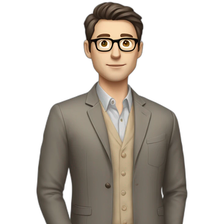 Full height Pale skinned Fit Man With dark brown hair in gray classic jacket, beige office shirt, Brown pants and vintage glasses. Thrumbs of his palms upwards emoji