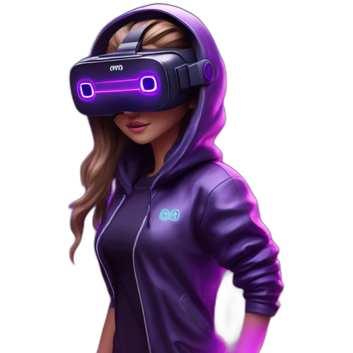 Create a 3D model of a Russian girl wearing a black "OMG" hoodie and VR headset in a cyberpunk VR environment with violet neon lighting. emoji