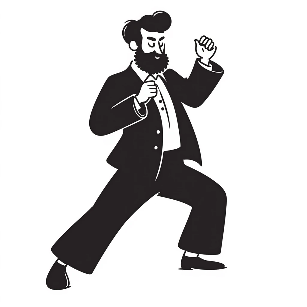 bearded man in a black suit, fighting posture emoji