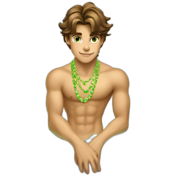 Posh-muscle-boy-brown-hair-green-eyes-pearl-necklace-in-golden-bathtub emoji