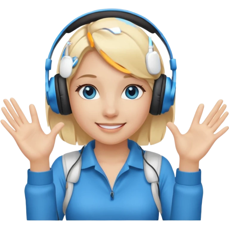 girl with blonde hair and blue eys, having on ears heaphones, with heands telling what  emoji