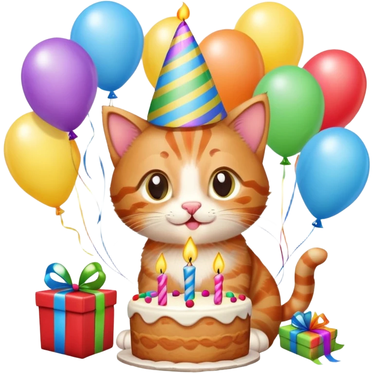 Ginger tabby kitten celebrates birthday, birthday hat, birthday cake, one candle, balloons, happy, gifts emoji
