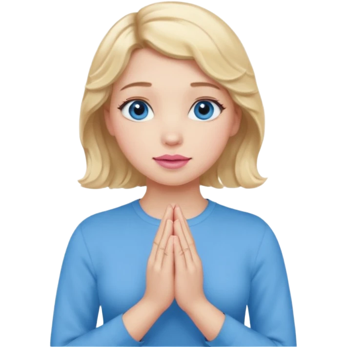 Girl Blonde short wavy hair,  blue eyes, cute blue top, long lashes, pink lips, praying hands emoji