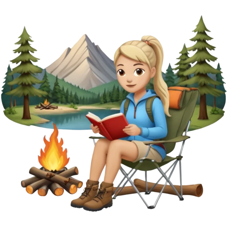 A pony tail hair woman journaling on a camping chair, enjoying the quiet nature scene beside a campfire emoji
