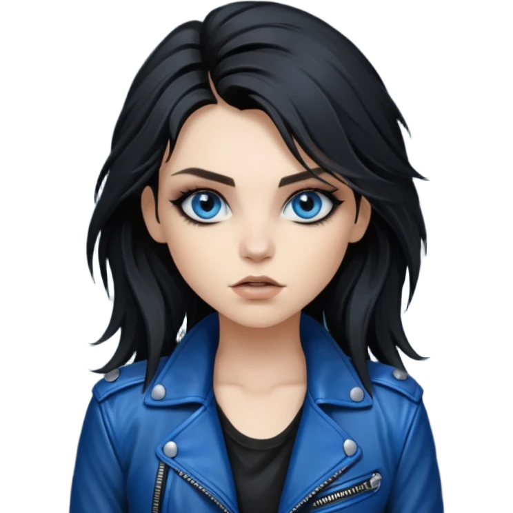 
 rockstar girl with long total black disheveled hair, blue eyes, Smokey eyes rockstar grunge makeup, rocking  emoji