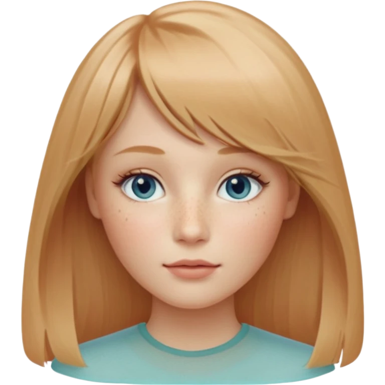 oval-shaped female face, very fair cool-neutral skin, light freckles on nose and cheeks, long fine strawberry-blonde hair parted center, wispy bangs, almond-shaped sea-glass gray-blue eyes, light sandy-blonde arched eyebrows, straight softly rounded nose, medium-full rose-tinted lips emoji