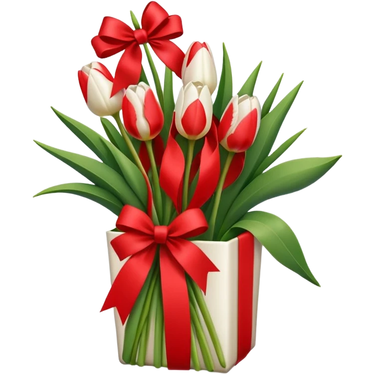 White tulips in case, with a red ribbon emoji