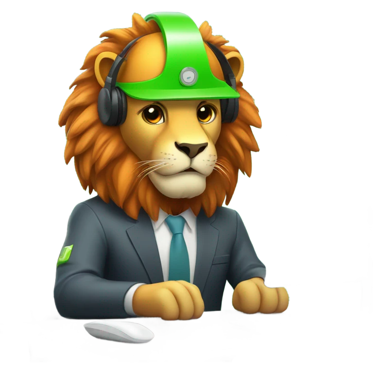 Lion wear safety helmet as call center in green and orange theme emoji