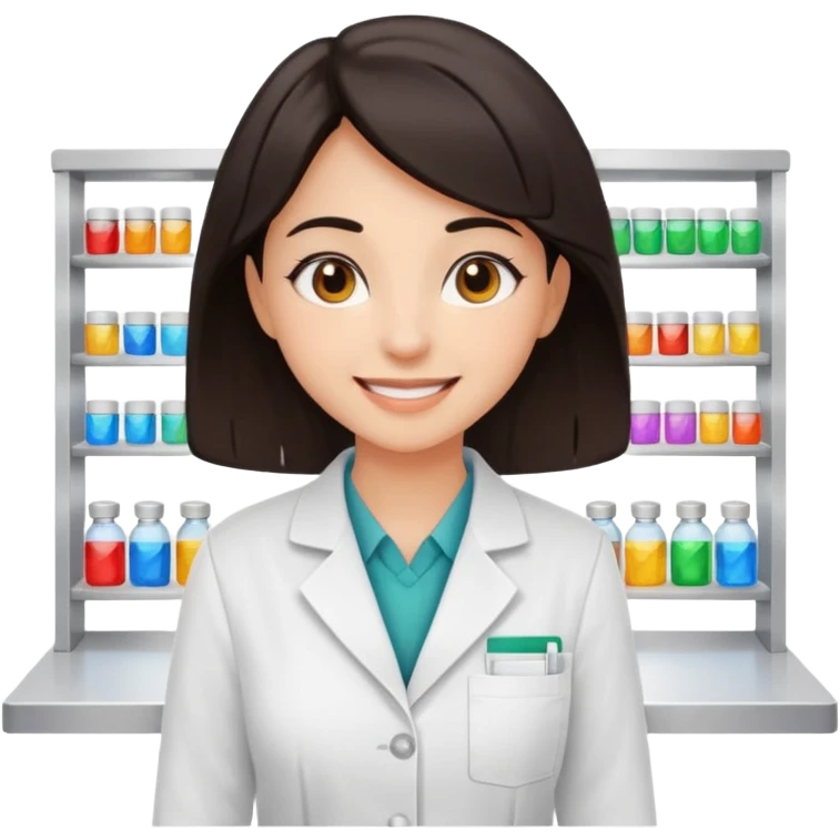 smiling girl pharmacist with dark hair and dark eyes, standing behind a counter, sunny sparkling expression emoji