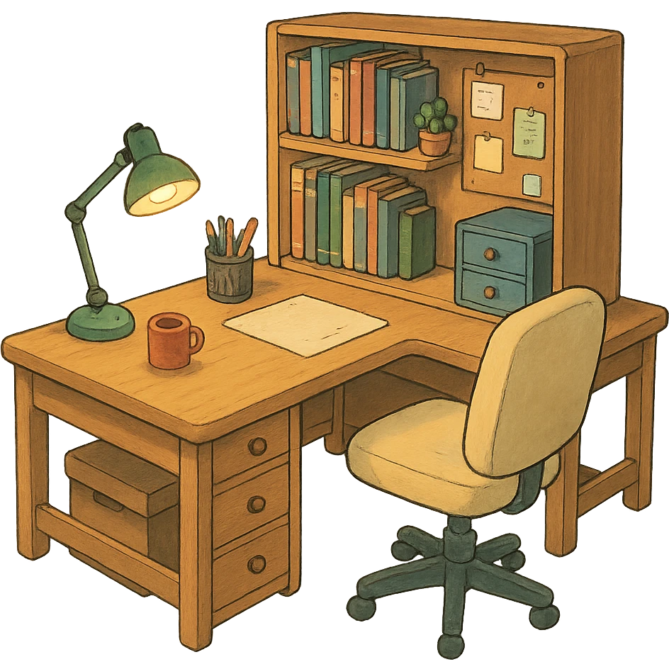 modular office desk in Ghibli style, cozy and inviting atmosphere emoji